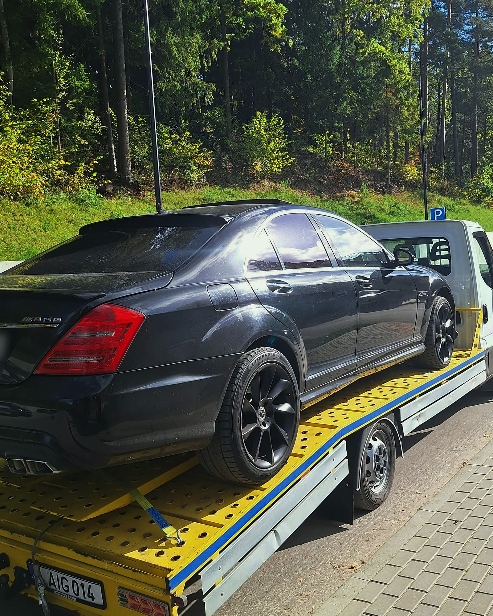Juodas Mercedes-Benz sedanas ant geltonos tralo platformos prie miško